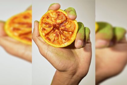 A hand dusted with matcha holding half a yuzu covered in gochujang. Food styled by Maggie Ruggiero, flavours