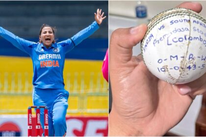 (LEFT) Sneh Rana in action; (RIGHT) Rana holding the match ball with her bowling figures inscribed on it. (Credit: BCCIWomen via X and @SnehRana15)